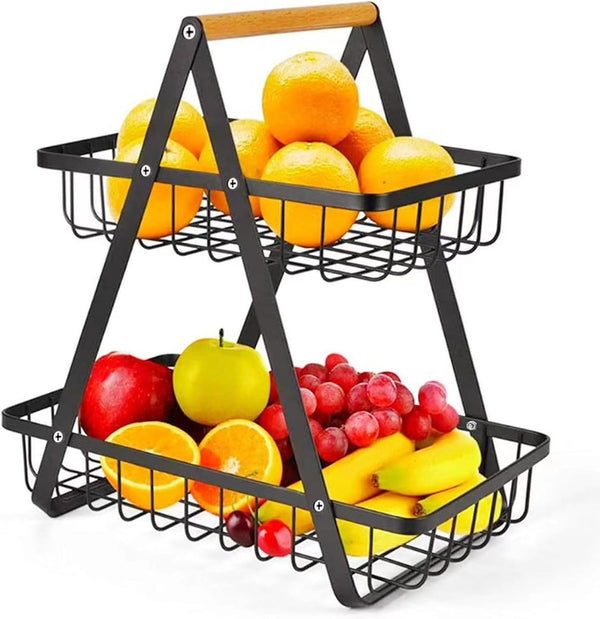 CARLA HOME 2-Tier Fruit Basket Stand for Kitchen Countertop for Fruits, Vegetables, Bread & Snacks with Wooden Handle