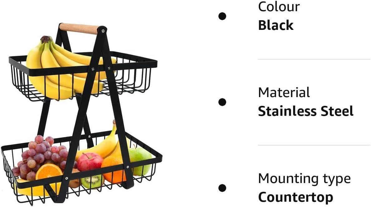 CARLA HOME 2-Tier Fruit Basket Stand for Kitchen Countertop for Fruits, Vegetables, Bread & Snacks with Wooden Handle