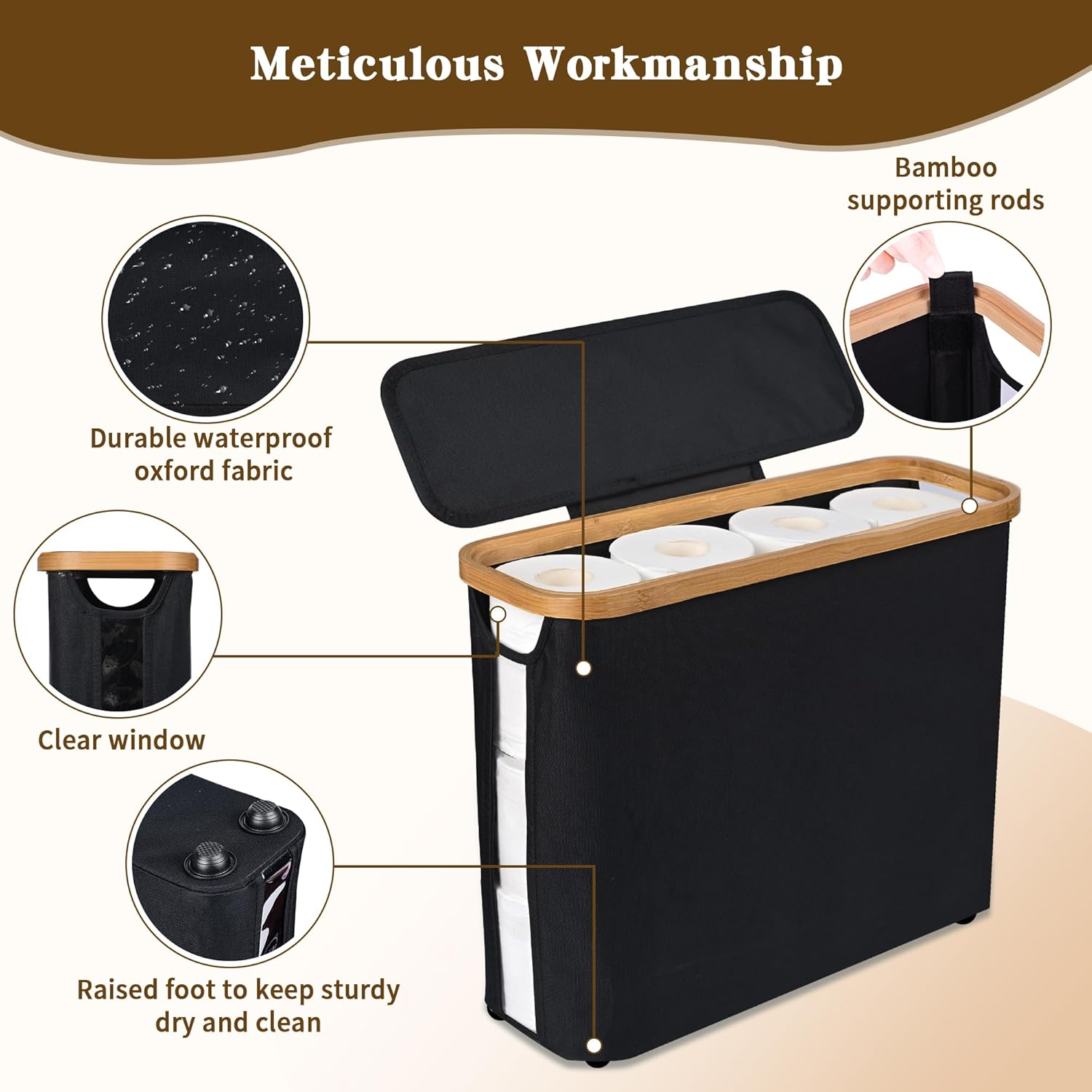 CARLA HOME Toilet Paper Storage Basket Holds Up to 12 Rolls with Bamboo Lid and Handle for RV Closet (Black)