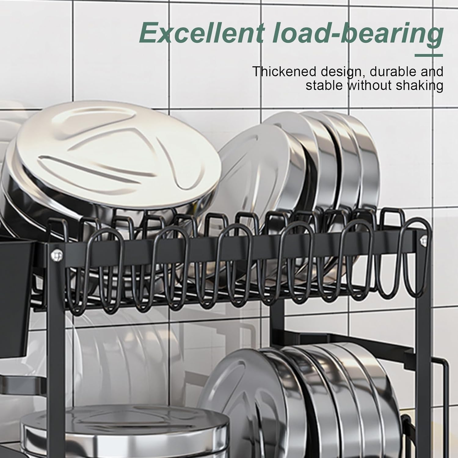 CARLA HOME 2-Tier Dish Drying Rack with Drainage Tray, Utensil Holder, Cup Hooks & Cutting Board Slot for Countertop Kitchen Storage (Black)