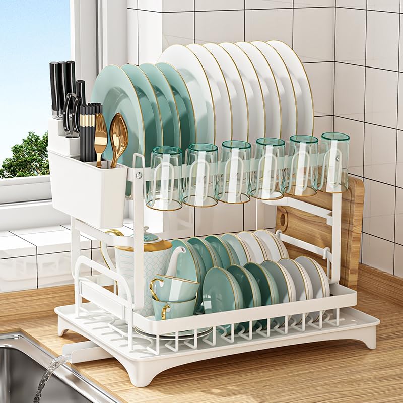 CARLA HOME 2-Tier Dish Drying Rack with Drainage Tray, Utensil Holder, Cup Hooks & Cutting Board Slot for Countertop Kitchen Storage (White)