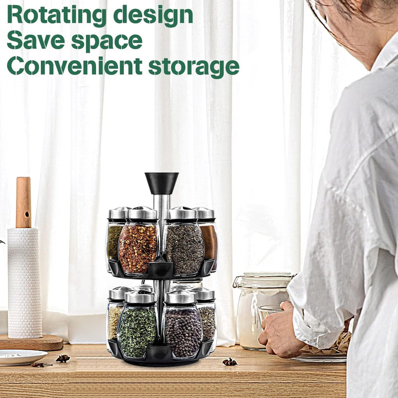 CARLA HOME Rotating Spice Rack Organizer with 16 Glass Jars for Kitchen Seasoning and Herb Storage