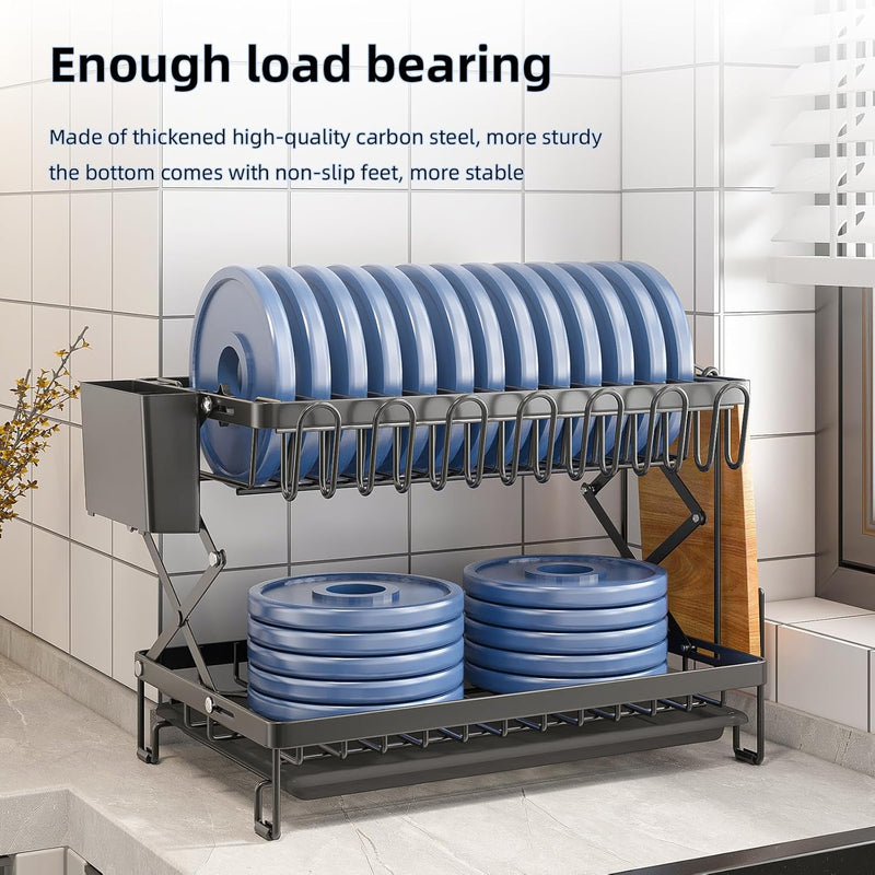 CARLA HOME 2-Tier Dish Drying Rack with Drainage Tray, Utensil Holder, Cup Hooks & Cutting Board Rack for Kitchen (Black)