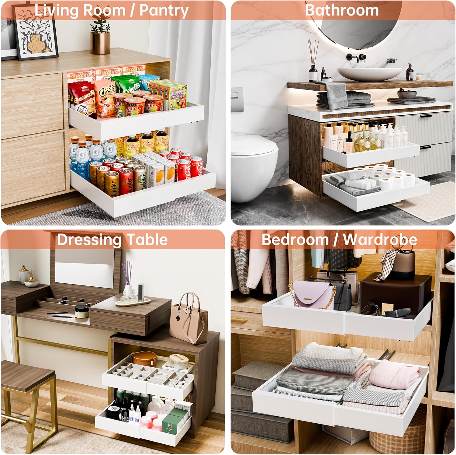 CARLA HOME Pack Pull Out Cabinet Organizer Expandable for Cabinets with Adjustable Slide Out Shelves and Easy Installation (White)