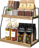CARLA HOME 2-Tier Wooden Coffee Station Rack Organizer for Coffee Bar, Condiments, Syrups, Storage Jars & Spice Storage Shelf