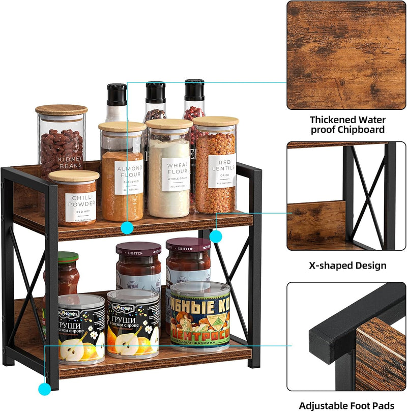 CARLA HOME 2-Tier Countertop Shelf Organizer Rustic Wood Kitchen Spice Rack for Storage, Condiments & Cabinet Organization