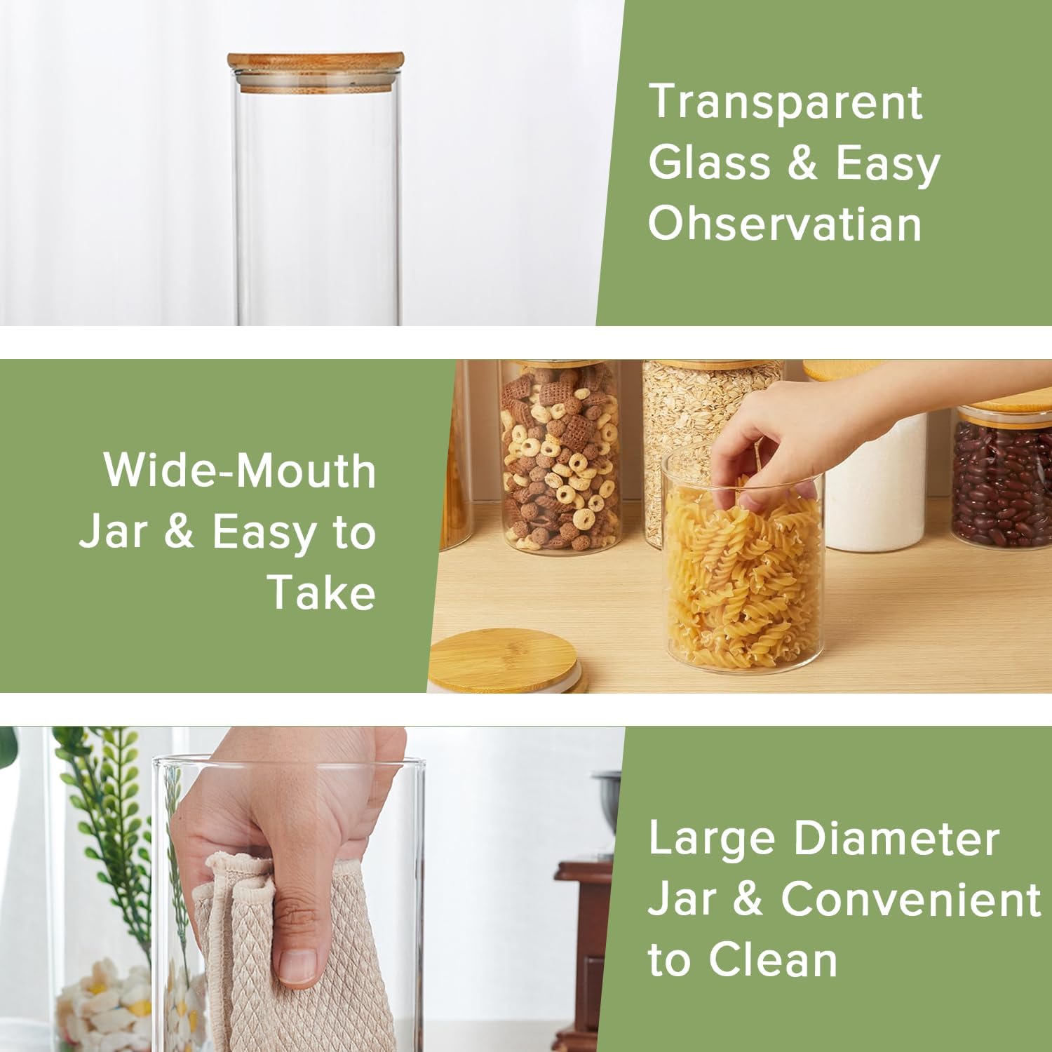 CARLA HOME 6 Pack Glass Storage Jars with Bamboo Lids for Kitchen Pantry, Pasta, Snacks, Cookies, Candy & More