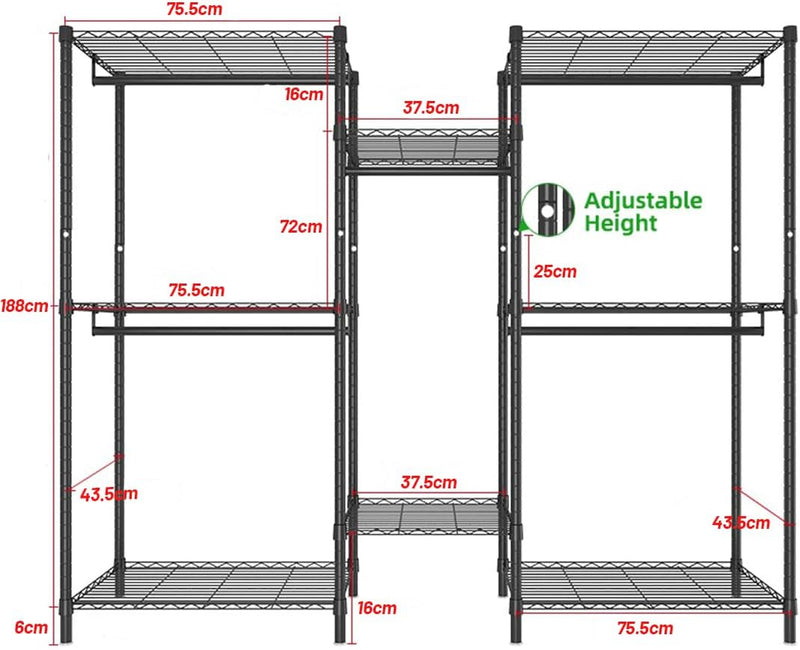 CARLA HOME Heavy Duty Clothing Garment Rack Organizer with Hanging Rods & Storage Shelves for Clothes, Shoes & Wardrobe