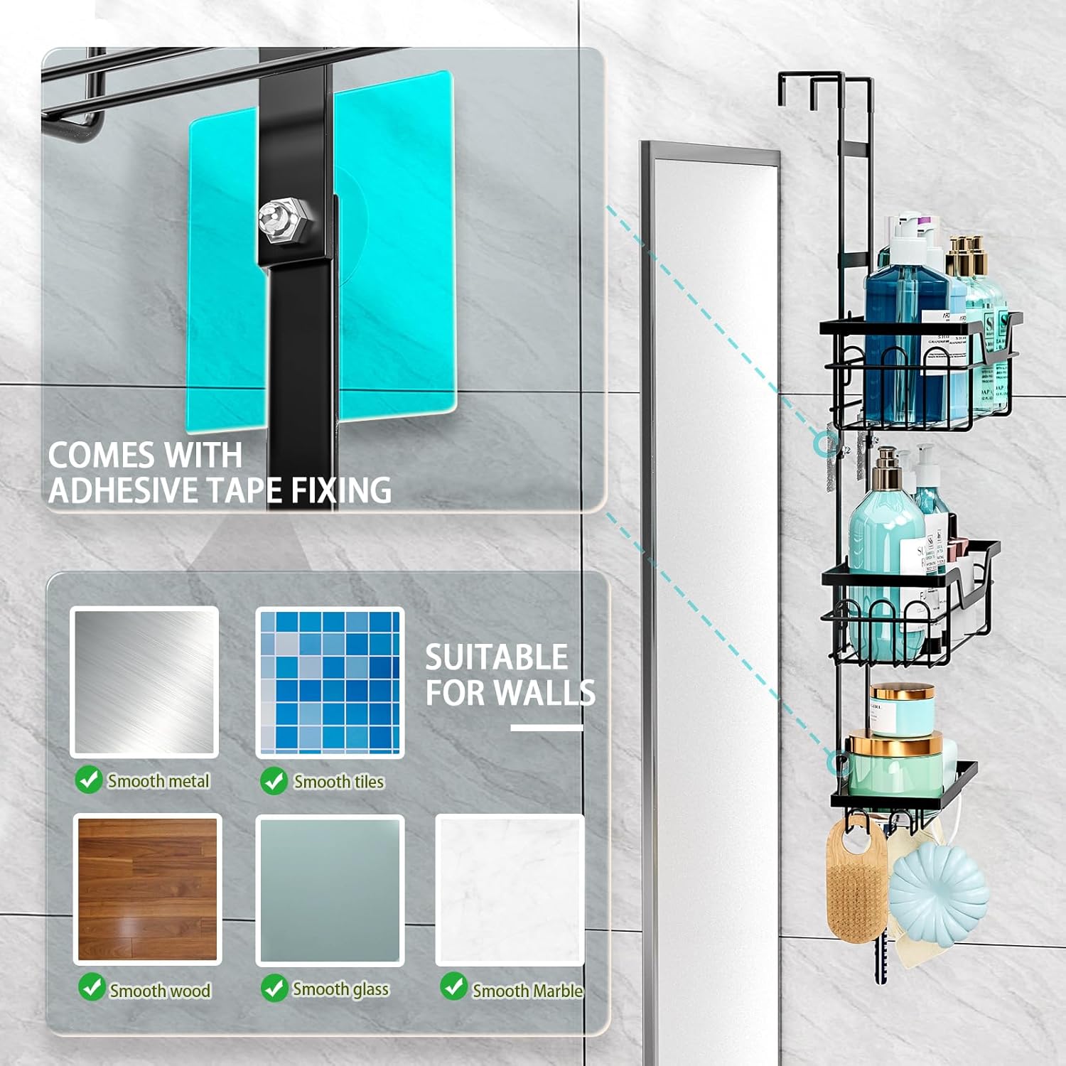 CARLA HOME Over the Door 3-tier Shower Caddy Organizer Shelf with Hooks for Bathroom