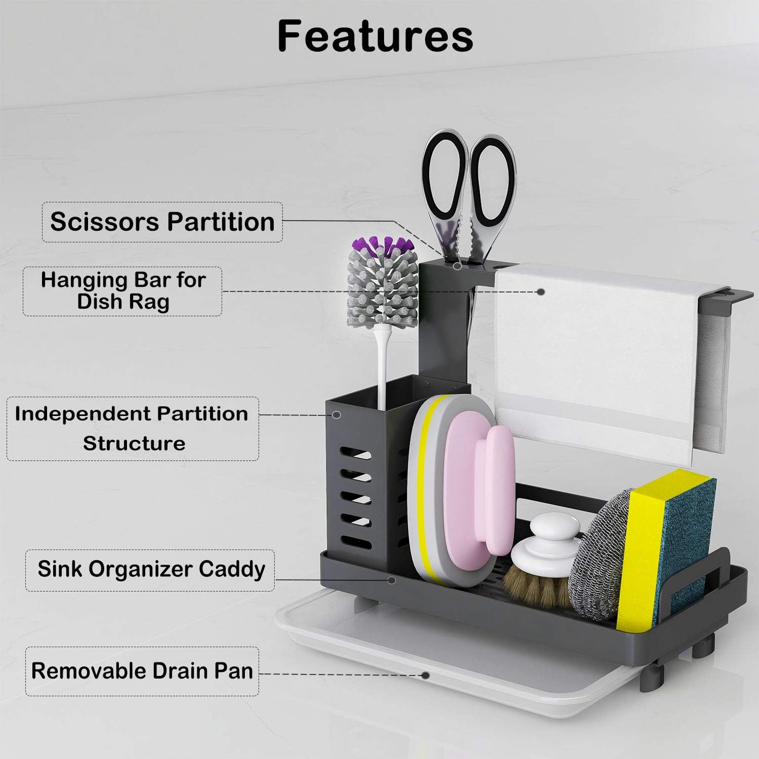 CARLA HOME Kitchen Sink Caddy Organizer with Sponge, Soap & Brush Storage and Rag Rack, Drain Tray & Utensil Holder