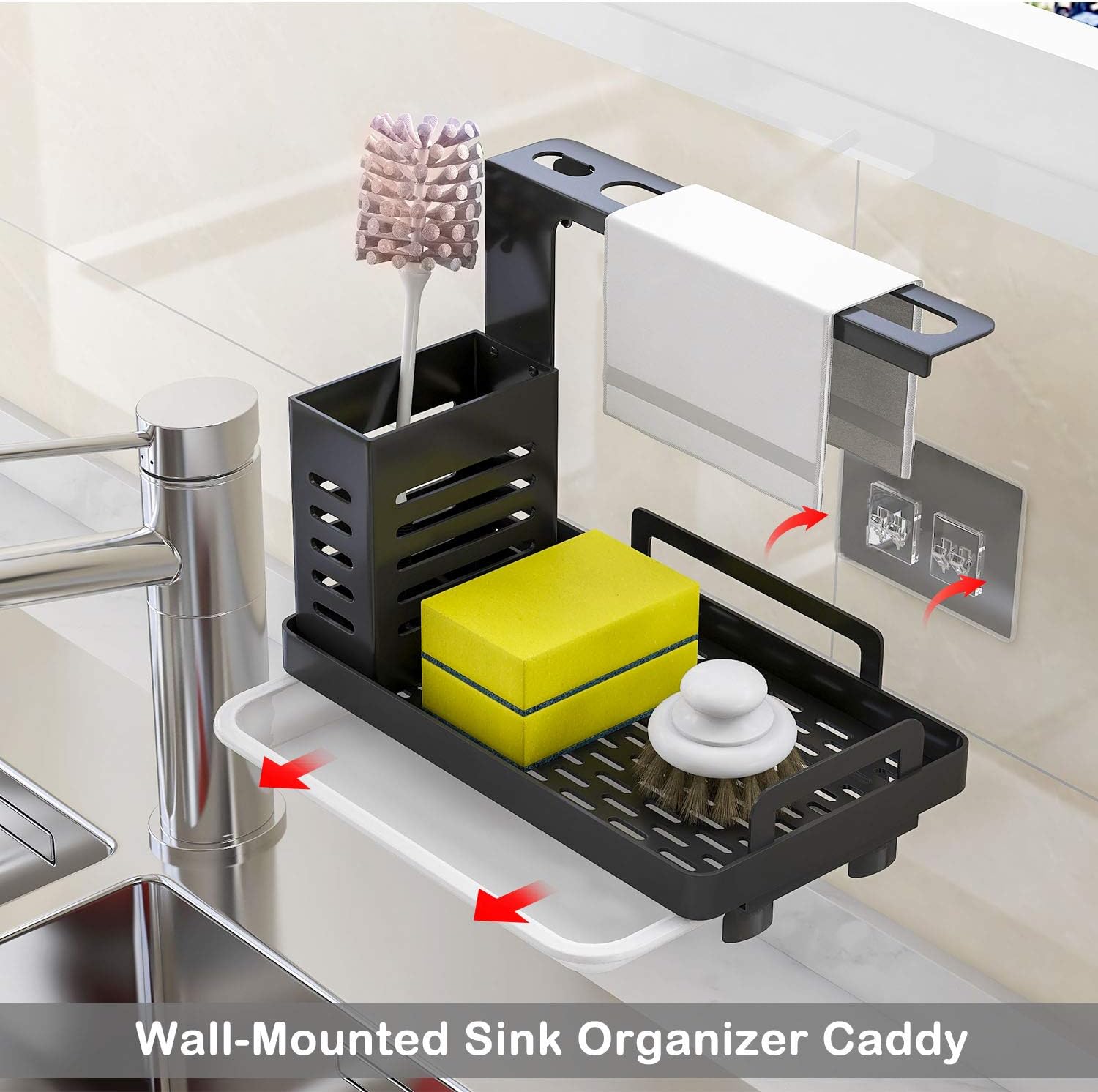 CARLA HOME Kitchen Sink Caddy Organizer with Sponge, Soap & Brush Storage and Rag Rack, Drain Tray & Utensil Holder