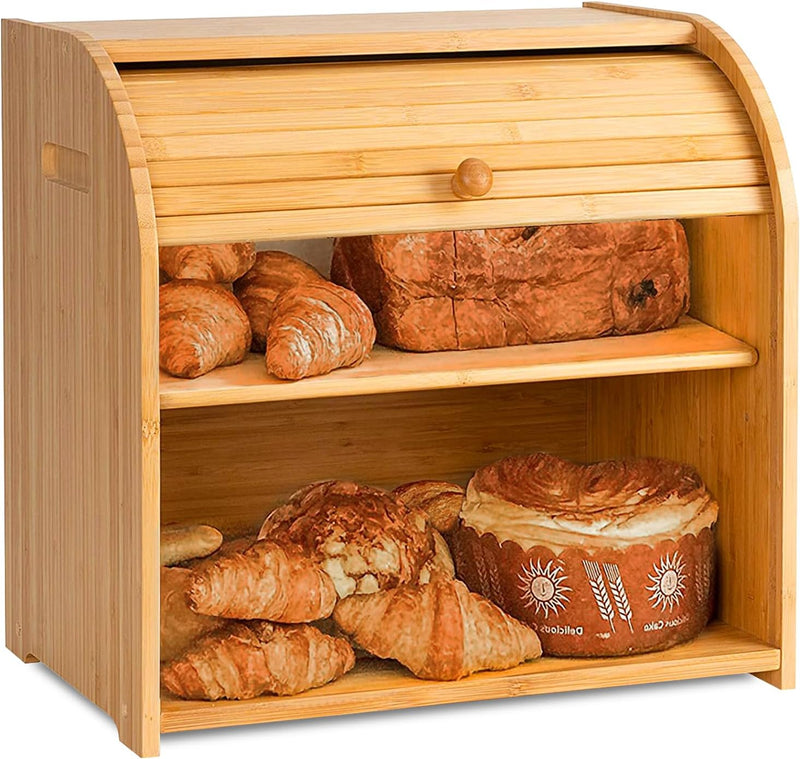 CARLA HOME Large Bamboo Bread Box Storage Organizer with Roll Top for Kitchen Counter