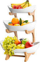 CARLA HOME 3-Tier Plastic Fruit Bowl Basket with Bamboo Stand for Kitchen Counter, Snack Tray, Dessert Server & Vegetable Storage Rack