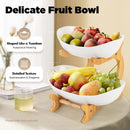 CARLA HOME 2-Tier Plastic Fruit Bowl Basket with Bamboo Stand for Kitchen Counter, Snack Tray, Dessert Server & Vegetable Storage Rack