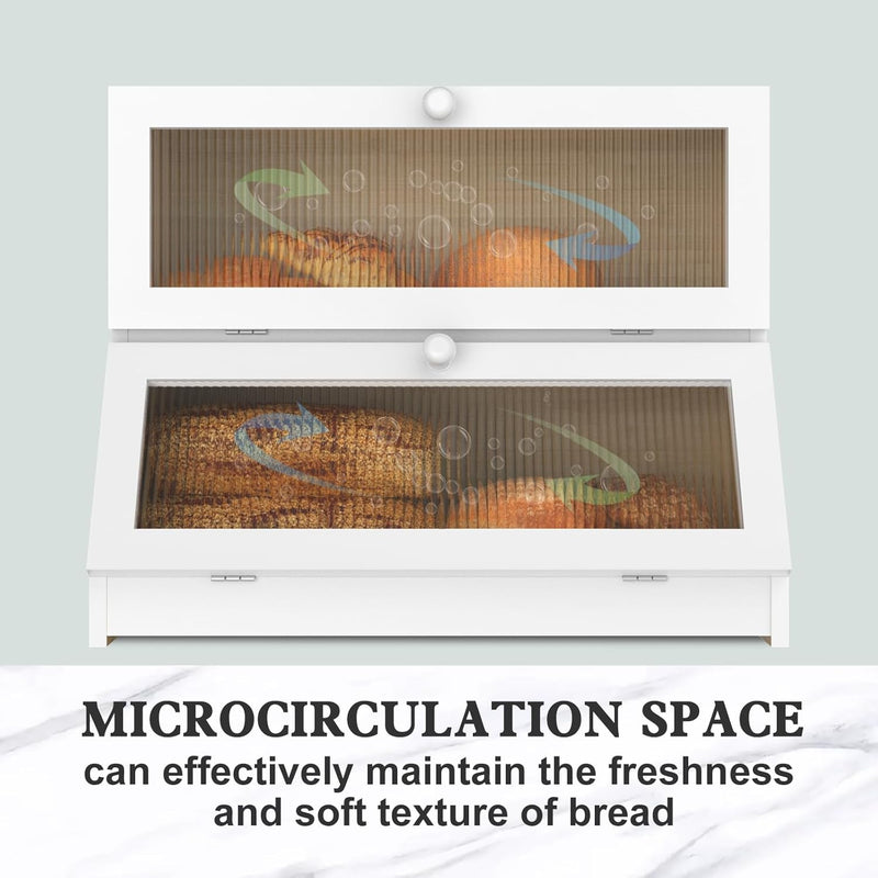 CARLA HOME Double Layer Bamboo Bread Box for Kitchen Counter - Large Capacity Bread Storage Container with Clear Window, Easy Assembly, Farmhouse Style Bread Holder (White)