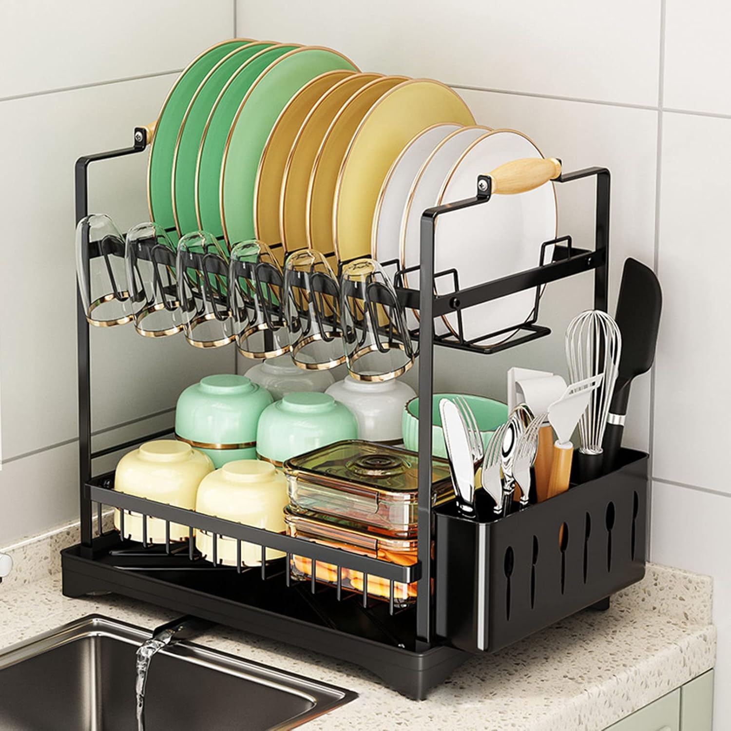 CARLA HOME 2-Tier Large Dish Drying Rack with Drainboard, Utensil Holder, Glass Hooks & Cutlery Storage (Black)