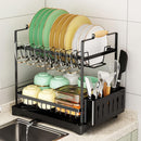 CARLA HOME 2-Tier Large Dish Drying Rack with Drainboard, Utensil Holder, Glass Hooks & Cutlery Storage (Black)