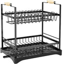 CARLA HOME 2-Tier Large Dish Drying Rack with Drainboard, Utensil Holder, Glass Hooks & Cutlery Storage (Black)