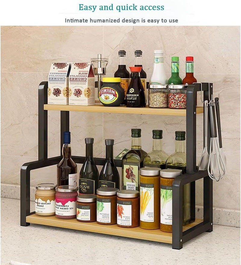 CARLA HOME 2-Tier Wooden Kitchen Countertop Spice Rack for Storage of Condiments, Oils, Jars & Seasoning Bottles
