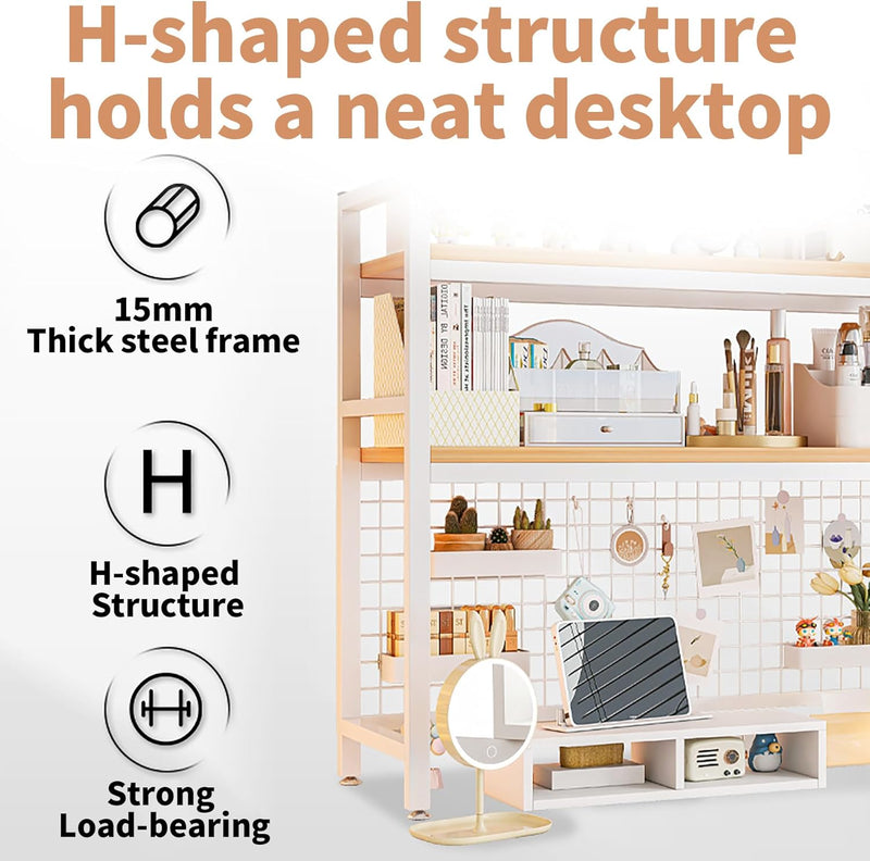 CARLA HOME  2-Tier Metal Desktop Hutch Bookshelf with Grid Panel for Computer Desk and Office Countertop