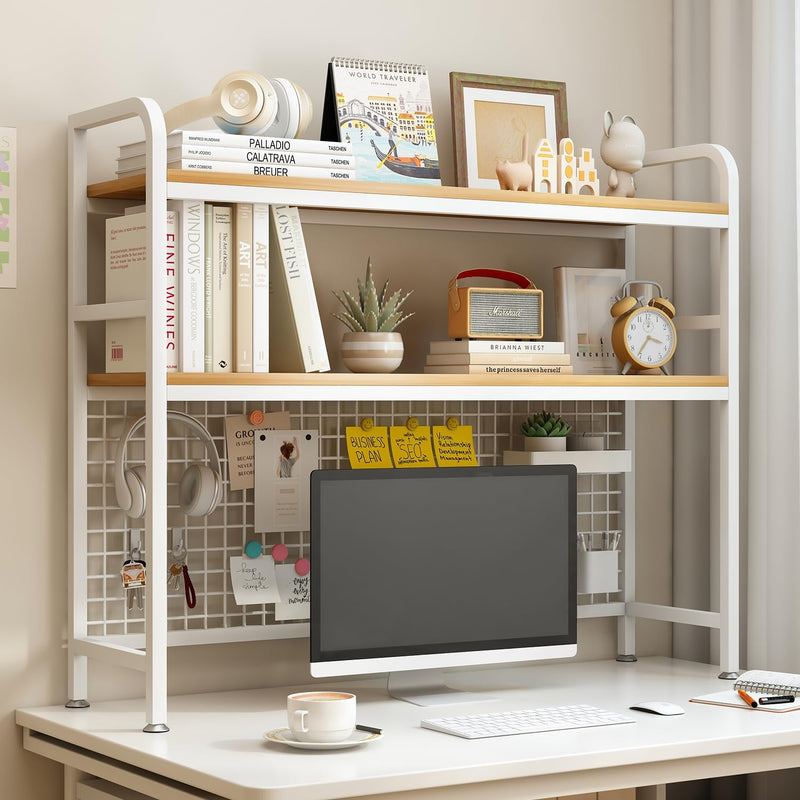 CARLA HOME  2-Tier Metal Desktop Hutch Bookshelf with Grid Panel for Computer Desk and Office Countertop
