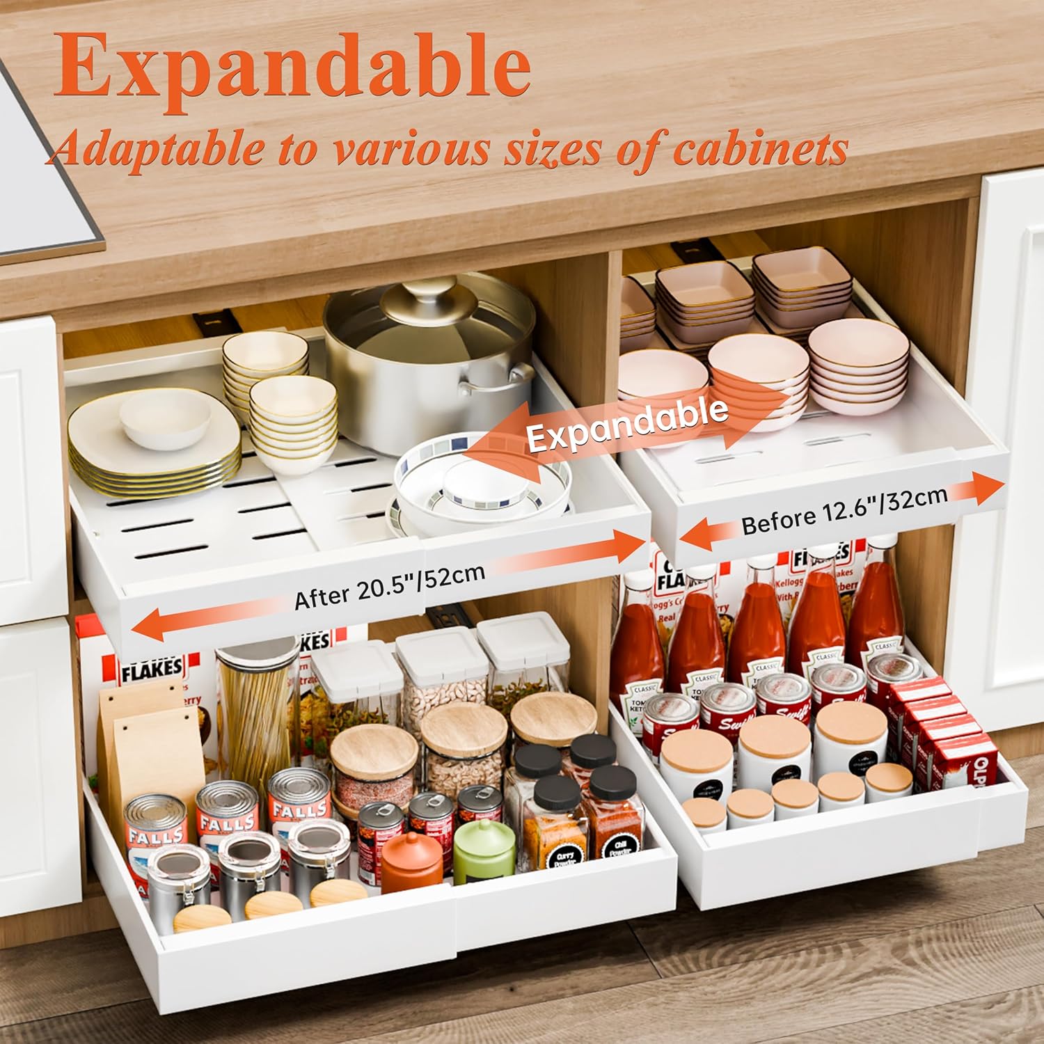 CARLA HOME 2 Pack Pull Out Cabinet Organizer Expandable for Cabinets with Adjustable Slide Out Shelves and Easy Installation (White)