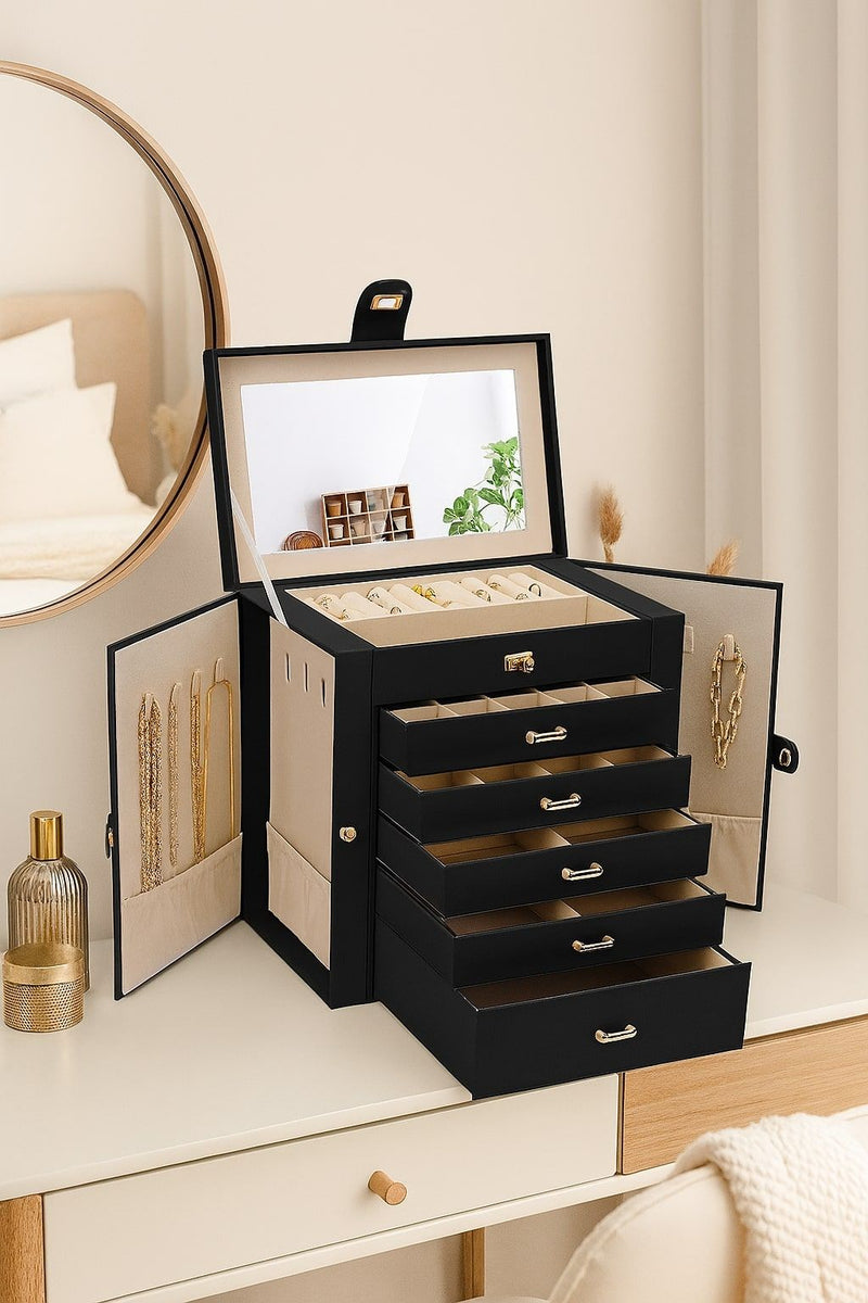CARLA HOME 6-Layer Large Jewelry Box for Women withDrawers, Mirror, Lock, Necklace Hooks & Side Compartments for Rings, Earrings, Bracelets, Gifts (Black)