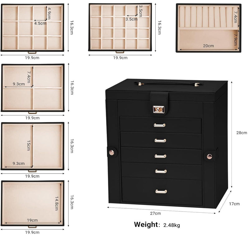 CARLA HOME 6-Layer Large Jewelry Box for Women withDrawers, Mirror, Lock, Necklace Hooks & Side Compartments for Rings, Earrings, Bracelets, Gifts (Black)