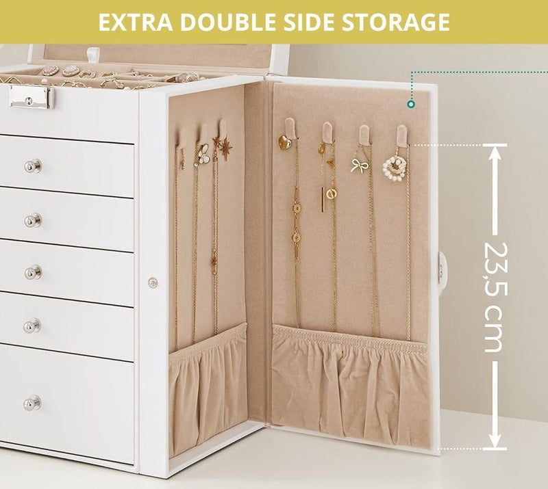 CARLA HOME 6-Layer Large Jewelry Box for Women withDrawers, Mirror, Lock, Necklace Hooks & Side Compartments for Rings, Earrings, Bracelets, Gifts (White)