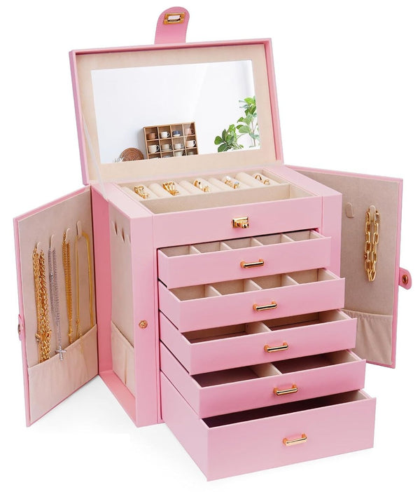 CARLA HOME 6-Layer Large Jewelry Box for Women withDrawers, Mirror, Lock, Necklace Hooks & Side Compartments for Rings, Earrings, Bracelets, Gifts (Pink)