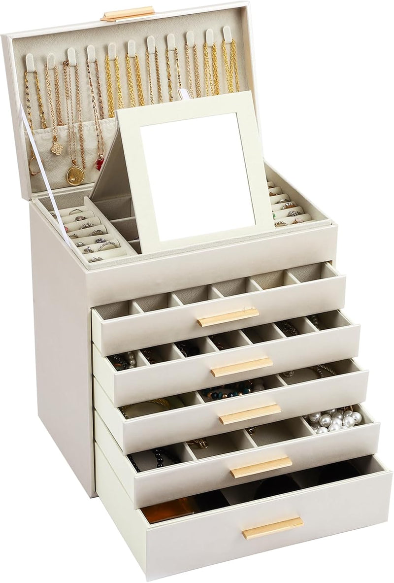 CARLA HOME  6-Layer Large Jewelry Organizer Box for Women with Mirror, Drawers, Hooks & Dividers for Rings, Necklaces, Bracelets, Ideal Gift for Women (White)