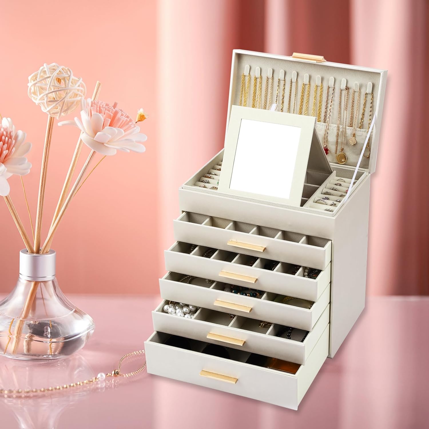 CARLA HOME  6-Layer Large Jewelry Organizer Box for Women with Mirror, Drawers, Hooks & Dividers for Rings, Necklaces, Bracelets, Ideal Gift for Women (White)