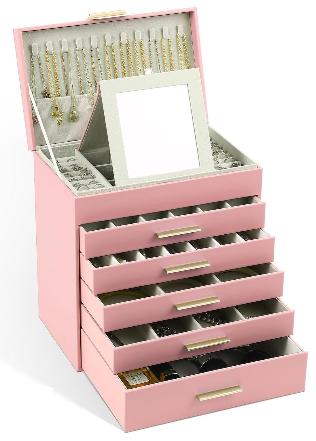CARLA HOME  6-Layer Large Jewelry Organizer Box for Women with Mirror, Drawers, Hooks & Dividers for Rings, Necklaces, Bracelets, Ideal Gift for Women (Pink)