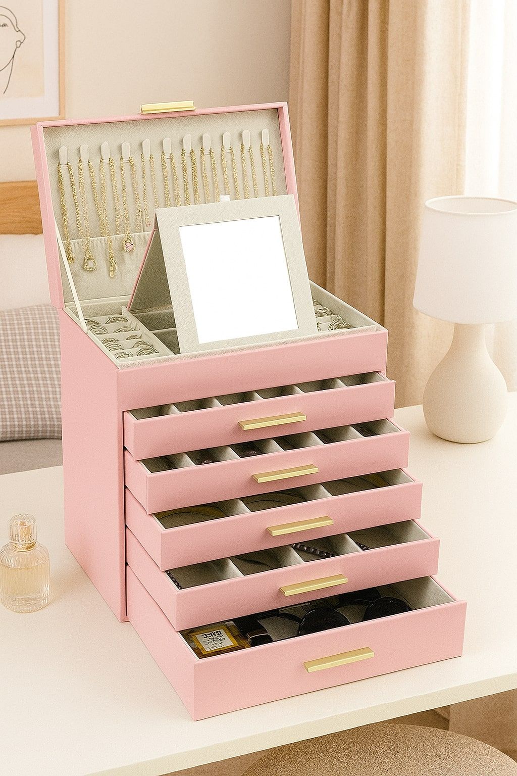CARLA HOME  6-Layer Large Jewelry Organizer Box for Women with Mirror, Drawers, Hooks & Dividers for Rings, Necklaces, Bracelets, Ideal Gift for Women (Pink)