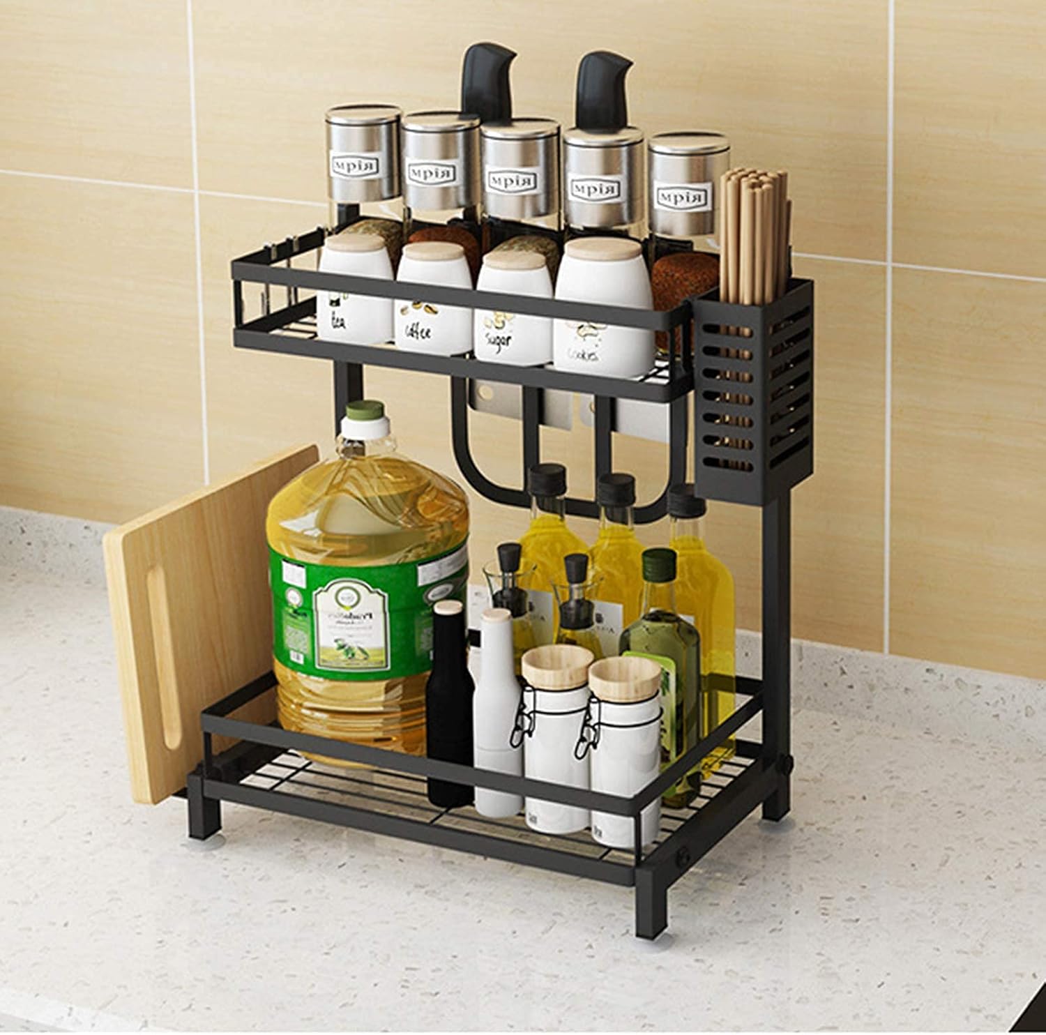 CARLA HOME 2-Tier Kitchen Spice Rack Organizer Storage Shelf for Condiments, Oil Bottles, Utensils, Cutting Board & More