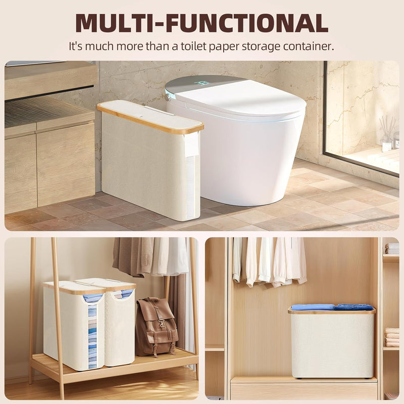 CARLA HOME 2 Pack Toilet Paper Storage Basket Holds Up to 12 Rolls with Bamboo Lid and Handle for RV Closet (White)