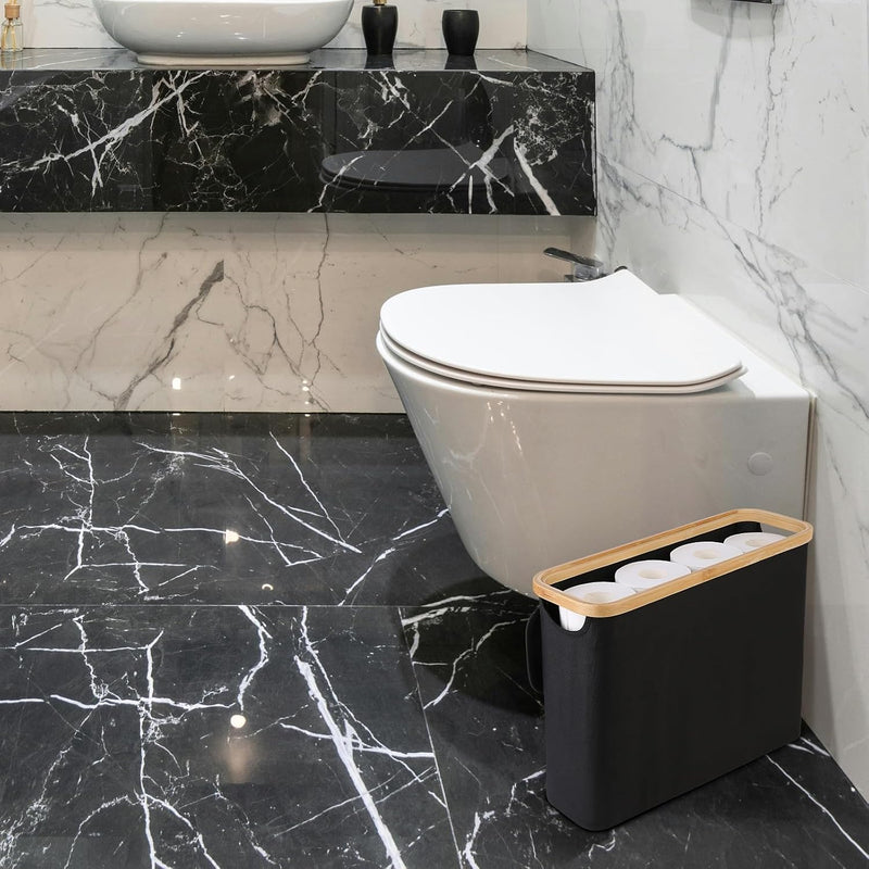 CARLA HOME 2 pack Toilet Paper Storage Basket Holds Up to 12 Rolls with Bamboo Lid and Handle for RV Closet (Black)