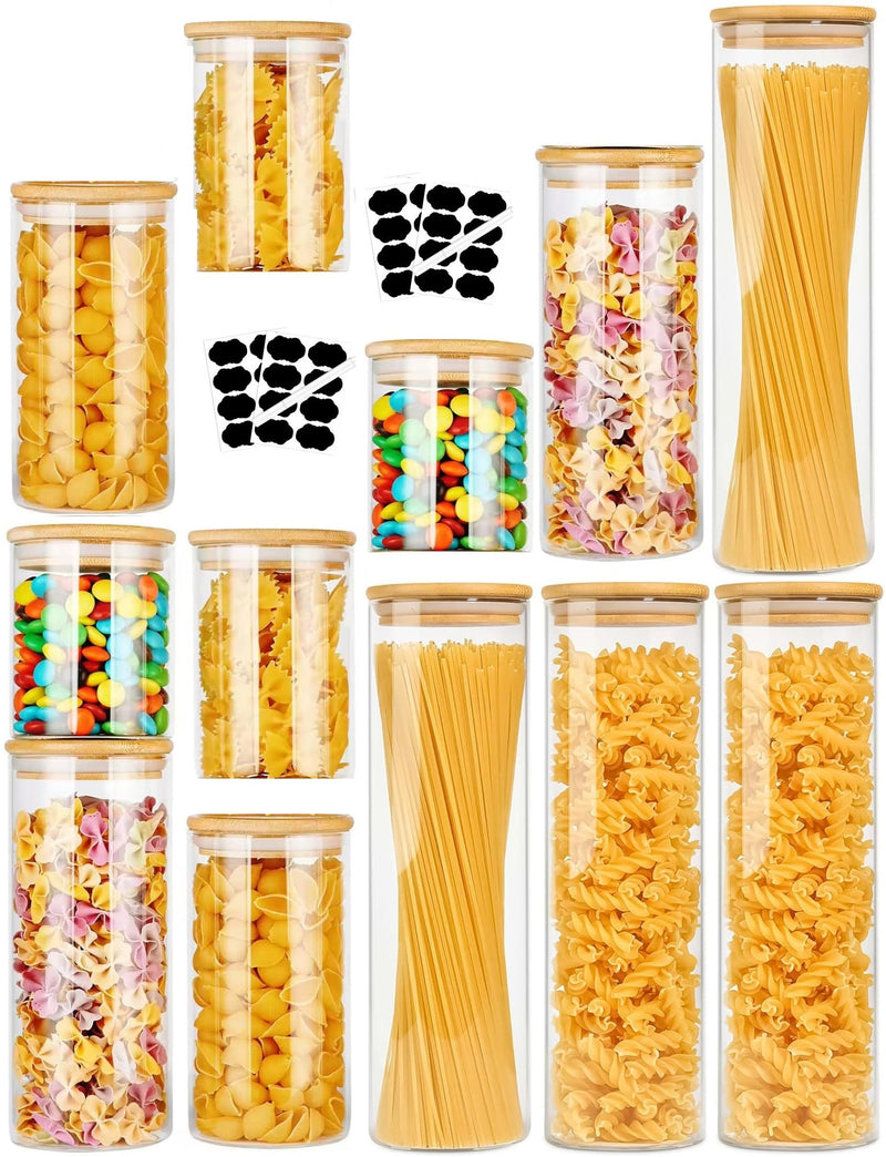 CARLA HOME 12 Pack Glass Storage Jars with Bamboo Lids for Kitchen Pantry, Pasta, Snacks, Cookies, Candy & More