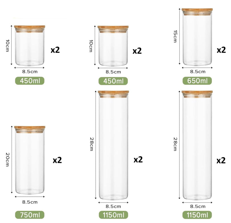 CARLA HOME 12 Pack Glass Storage Jars with Bamboo Lids for Kitchen Pantry, Pasta, Snacks, Cookies, Candy & More