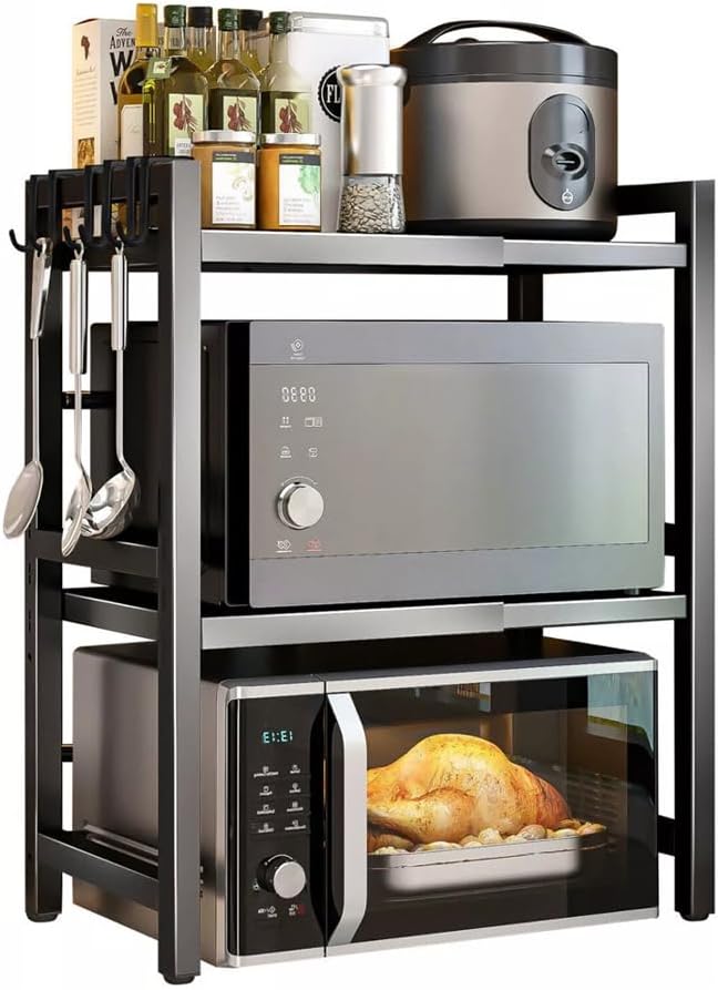 CARLA HOME 3-Tier Microwave Oven Rack with Adjustable Metal Kitchen Shelf Stand for Countertop Storage and 6 Hooks for Utensils
