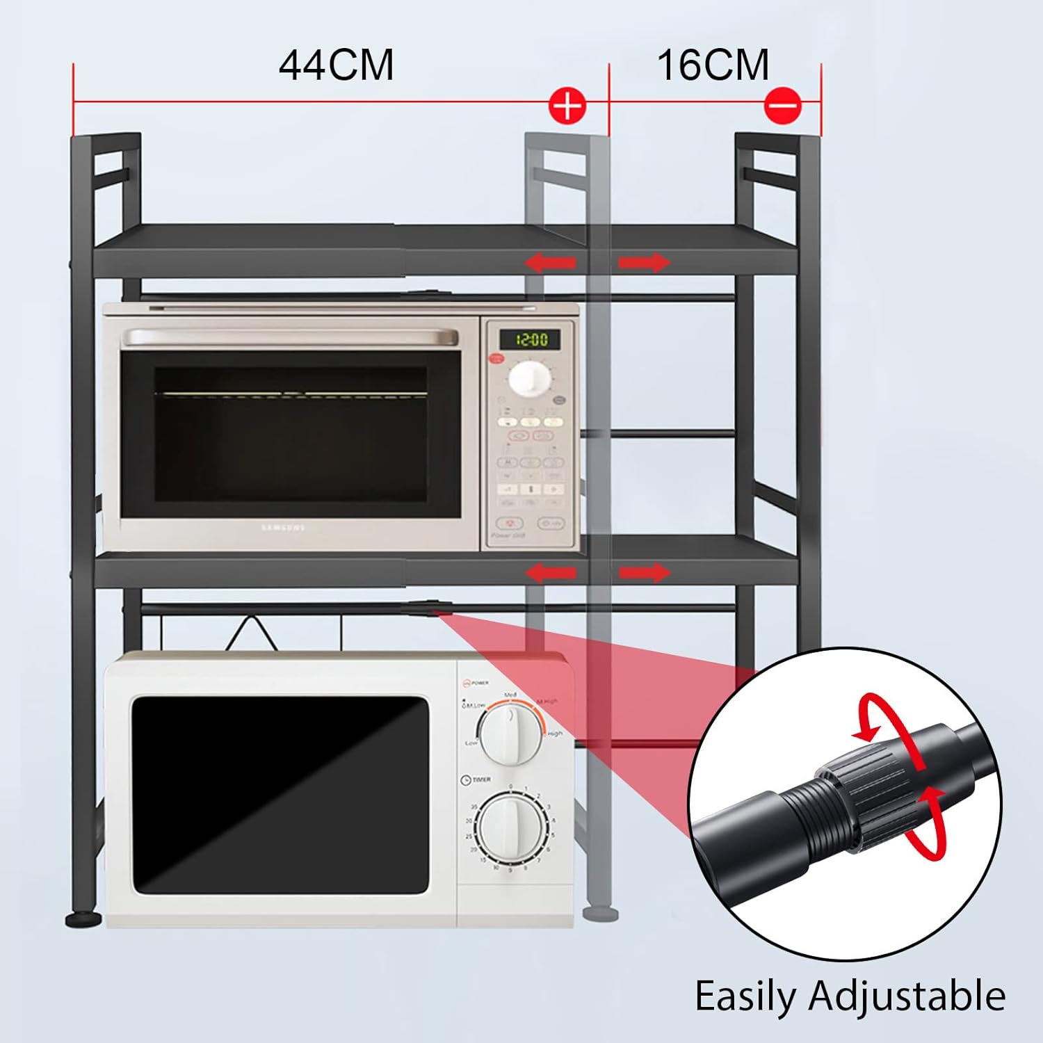CARLA HOME 3-Tier Microwave Oven Rack with Adjustable Metal Kitchen Shelf Stand for Countertop Storage and 6 Hooks for Utensils