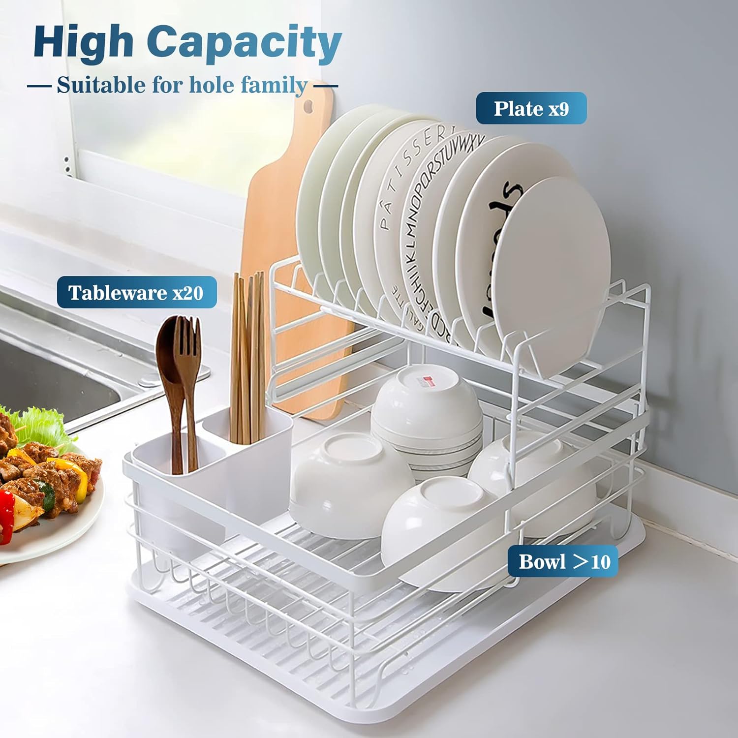 CARLA HOME 2-Tier Dish Drying Rack for Kitchen Counter with Removable Drip Tray, Utensil Holder and Cutlery Organizer