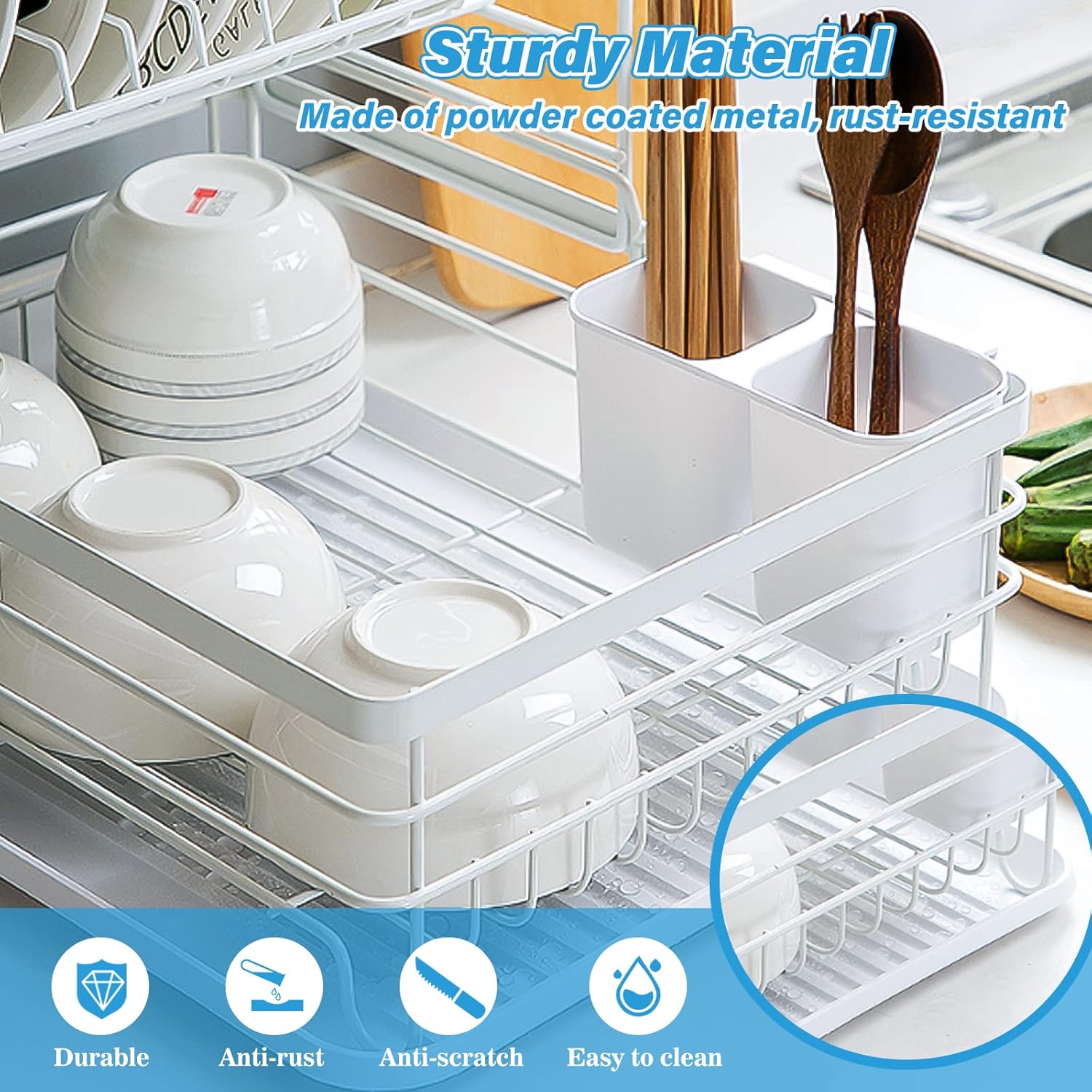 CARLA HOME 2-Tier Dish Drying Rack for Kitchen Counter with Removable Drip Tray, Utensil Holder and Cutlery Organizer