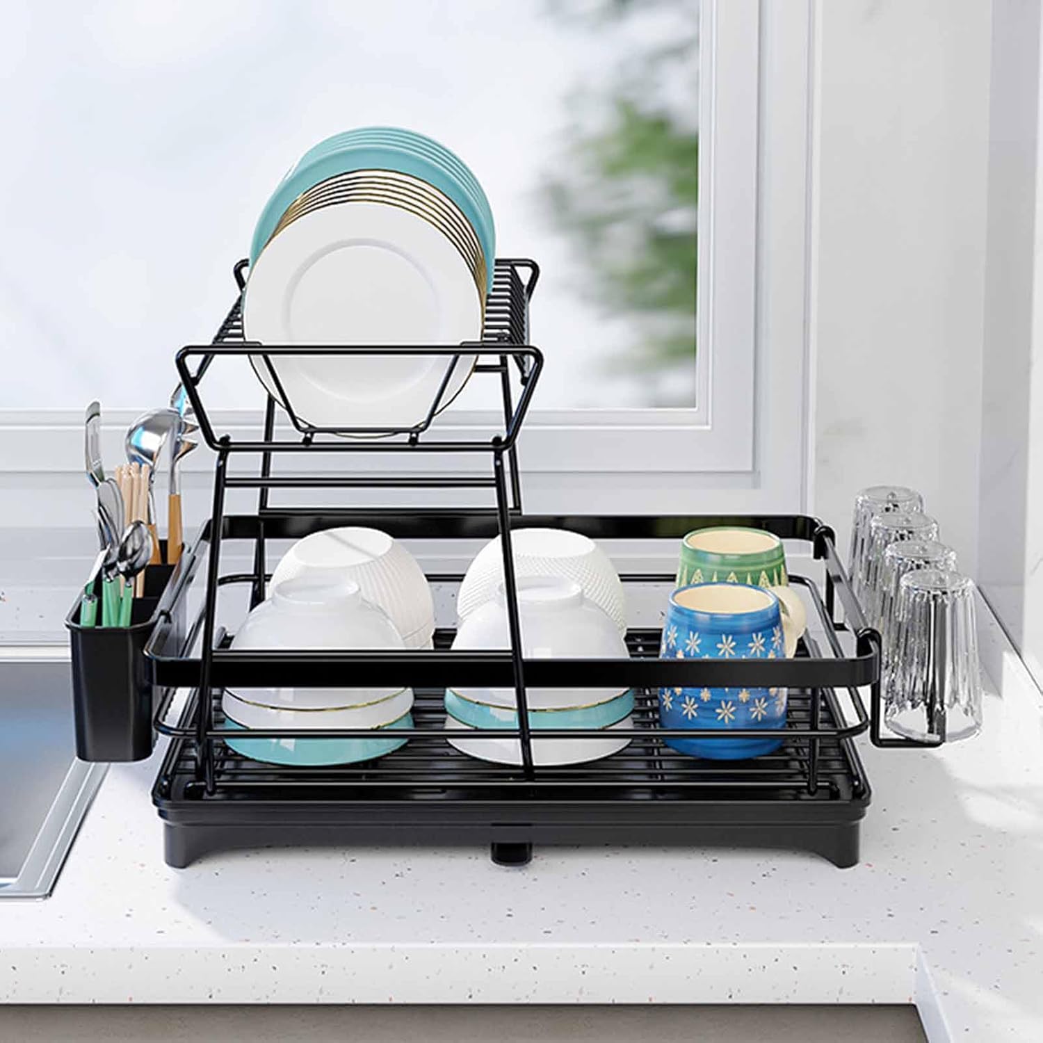 CARLA HOME 2-Tier Dish Drying Rack for Kitchen Counter with Drainboard, Utensil Holder, Cup Rack & Cutlery Organizer