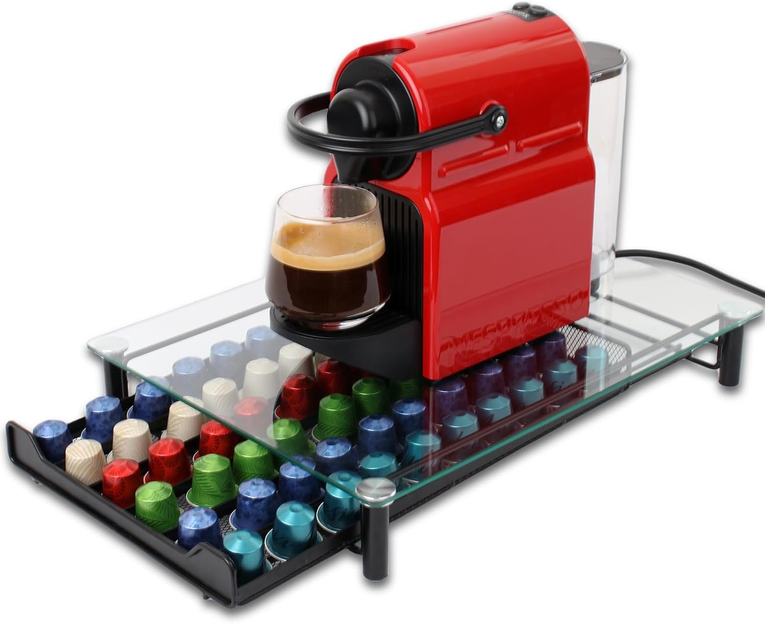 CARLA HOME 60 Coffee Pod Holder Drawer with Tempered Glass Capsule Organizer for Nespresso Pods and Sliding Drawer for Kitchen Countertop
