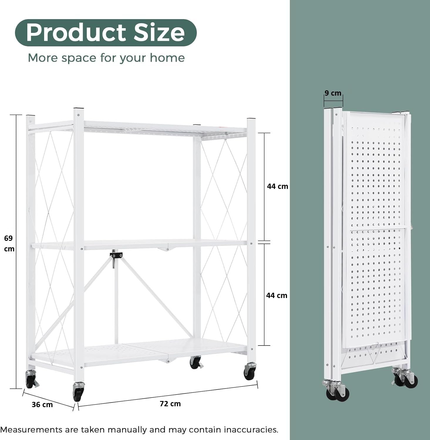 CARLA HOME 3-Tier Foldable Storage Shelf with Wheels for Kitchen, Garage, Pantry or Basement (White)