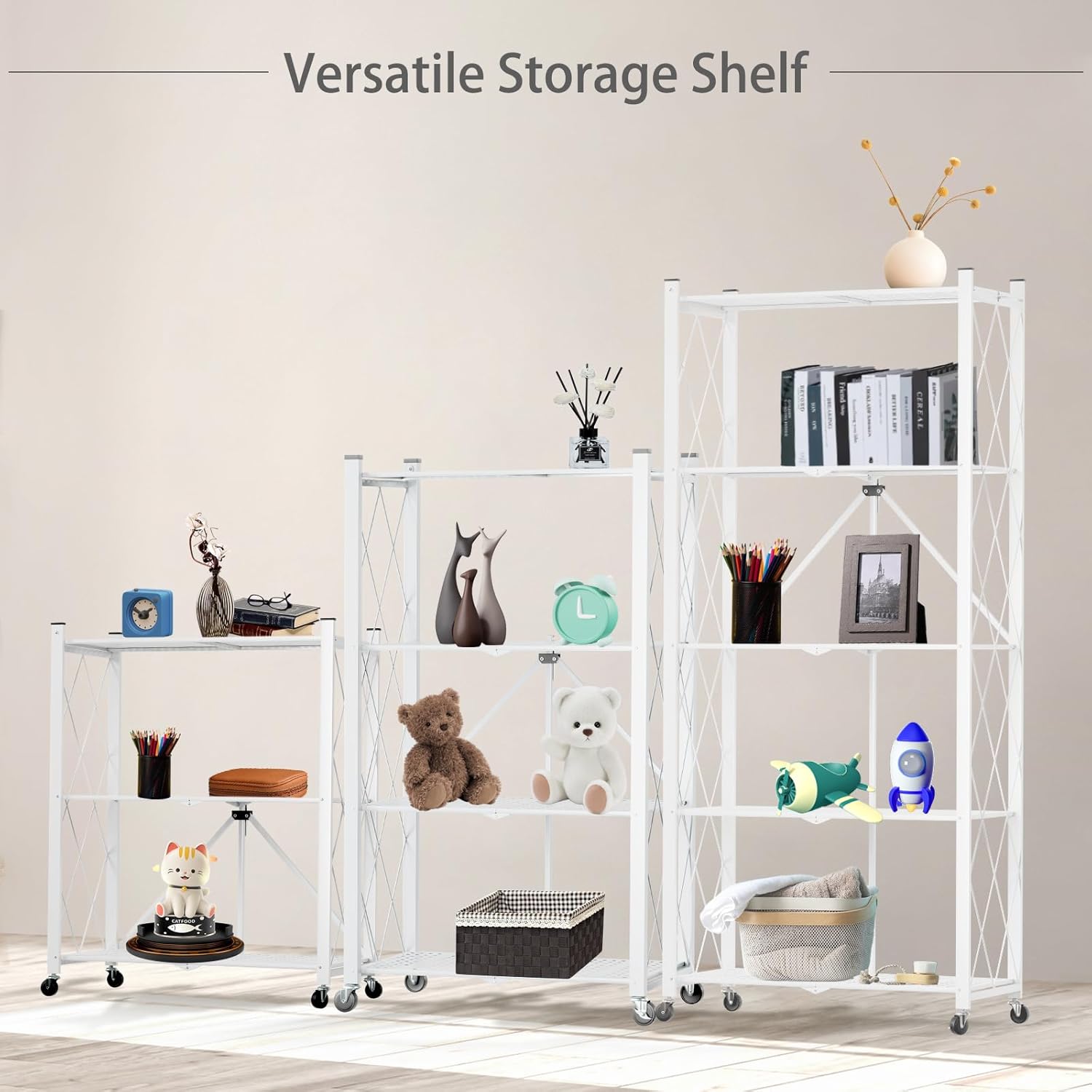 CARLA HOME 4-Tier Foldable Storage Shelf with Wheels for Kitchen, Garage, Pantry or Basement (White)
