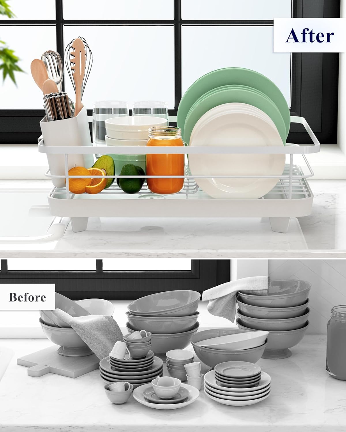 CARLA HOME Dish Drying Rack for Kitchen Counter with Removable Drip Tray, Utensil Holder and Cutlery Organizer