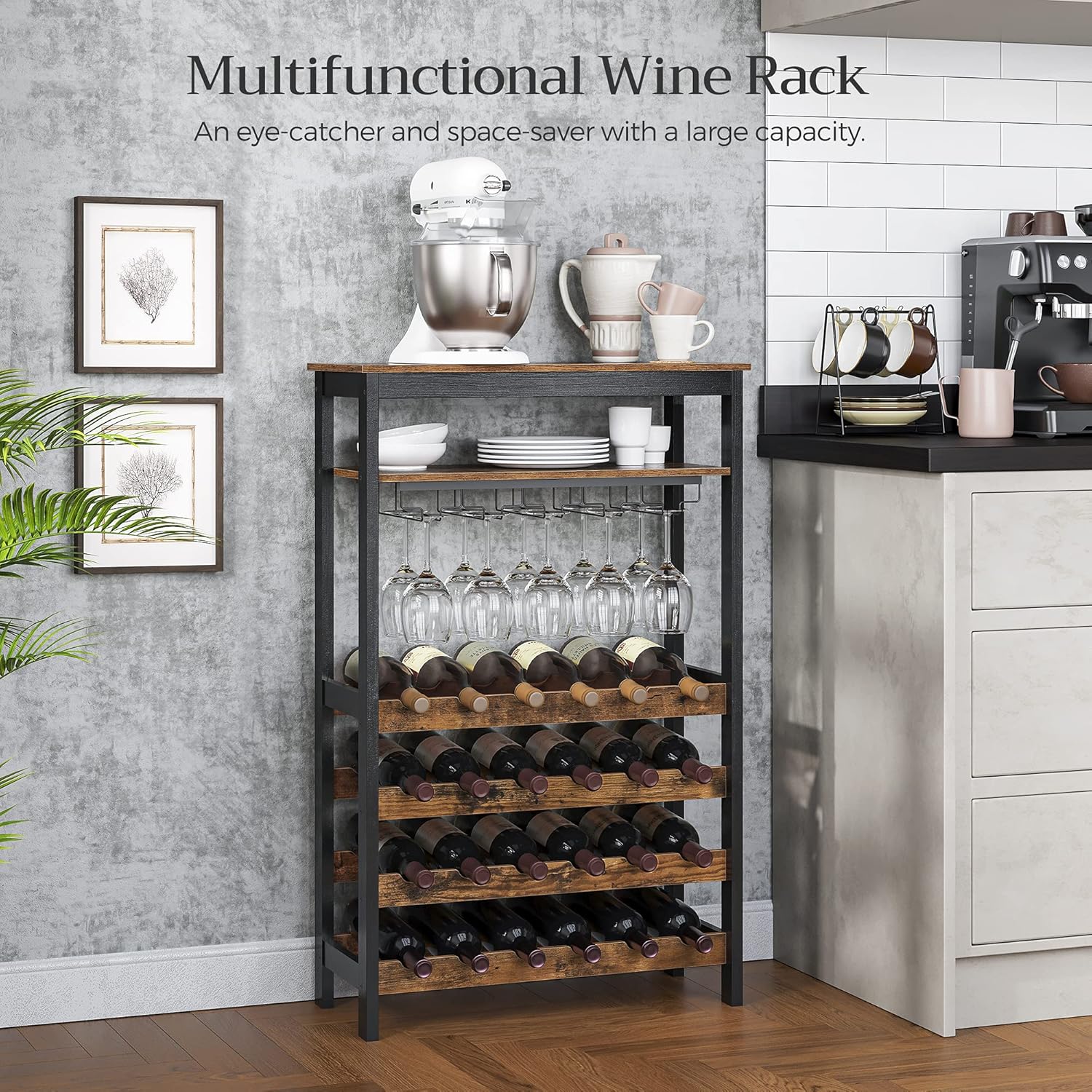 CARLA HOME Large Wine Rack with Glass Holder, Metal Designed Bottle Holder and Wood Countertop up to Wine & Champagne Bottles