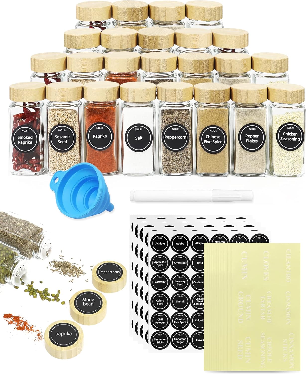 CARLA HOME 24 Glass Spice Jars with Bamboo Lids, Shaker Tops, 180 Spice Labels, White Pen & Funnel for Kitchen Organization, Spice Rack, Seasoning & Herb Storage